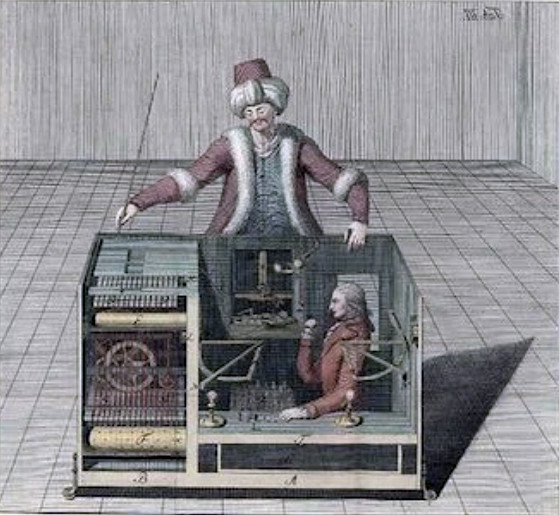 Le Turc mécanique, gravure de Karl Gottlieb von Windisch dans le livre de 1783, « Raison inanimée » - source : WikiCommons Le Turc mécanique, gravure de Karl Gottlieb von Windisch dans le livre de 1783, « Raison inanimée » - source : WikiCommons