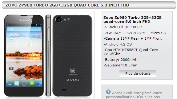 Zopo ZP980 Turbo à moins de 250 € !