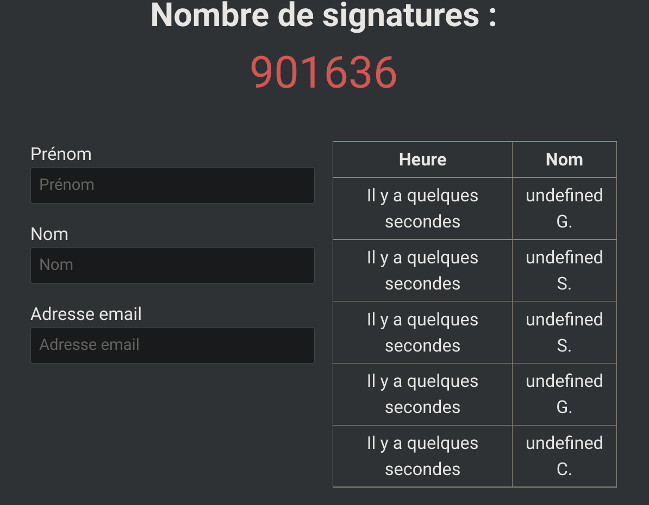 Vous noterez que les noms des signataires n'apparaissent pas. Nombre de signatures ce jour : 17/07/21 à 11H30 Vous noterez que les noms des signataires n'apparaissent pas. Nombre de signatures ce jour : 17/07/21 à 11H30