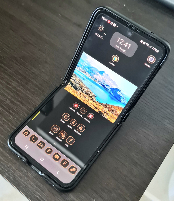 Le mode Flex (semi déplié) est très pratique sur une surface plane.Au restaurant ou au café je n'ai plus besoin de support. Dans cette position il est capable de me filmer ou photographier en entier ! Le mode Flex (semi déplié) est très pratique sur une surface plane.Au restaurant ou au café je n'ai plus besoin de support. Dans cette position il est capable de me filmer ou photographier en entier !