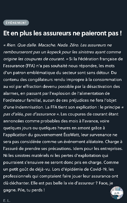 En matière de sinistres ayant pour origine les pannes de courant, les assurances ne paieront pas !