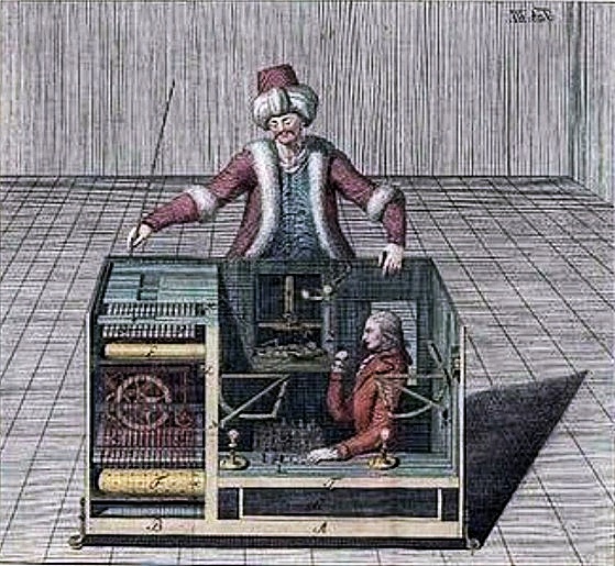 Le Turc mécanique, gravure de Karl Gottlieb von Windisch en 1783, Depuis 240 ans, l'automate a été amélioré, mais sans l'humain derrière, il n'est toujours qu'un automate.