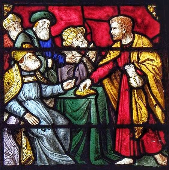 Judas reçoit les 30 deniers : vitrail de l'église de Saint Ouen les Iffs