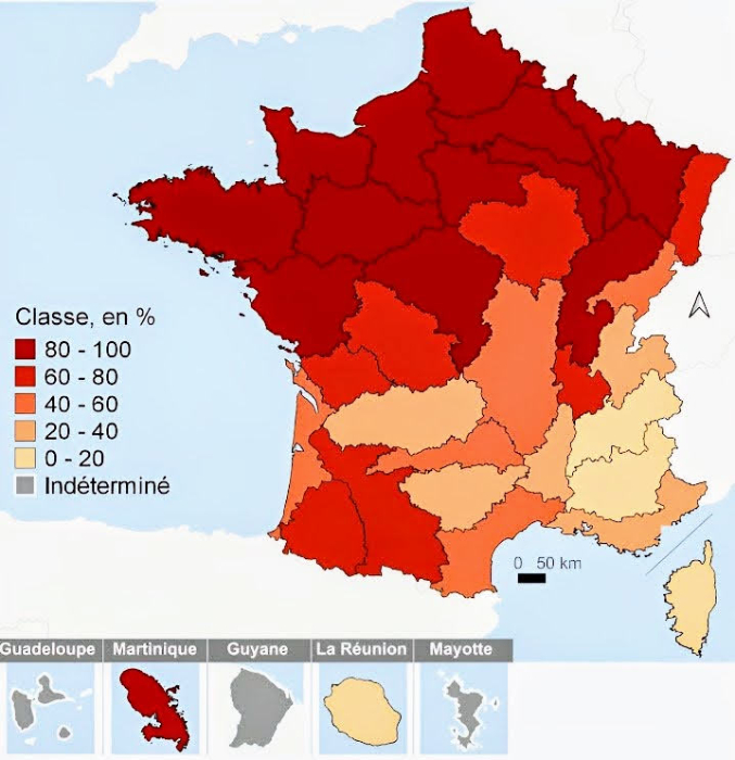 Taux de stations dont l’IPTC-pesticides dépasse 1 sur la période 2019-2021. À noter que la Guadeloupe est encore plus mal lotie que nous. Source : SDES 2023. Données 2021 (!) Taux de stations dont l’IPTC-pesticides dépasse 1 sur la période 2019-2021. À noter que la Guadeloupe est encore plus mal lotie que nous. Source : SDES 2023. Données 2021 (!)