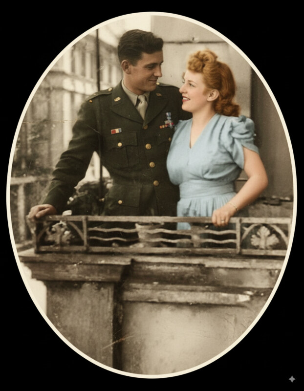 Mes parents à Berlin en 1945. Je suis né, à Berlin également, un an plus tard. Photo retouchée avec Nano Banana, dans Google Ai Studio