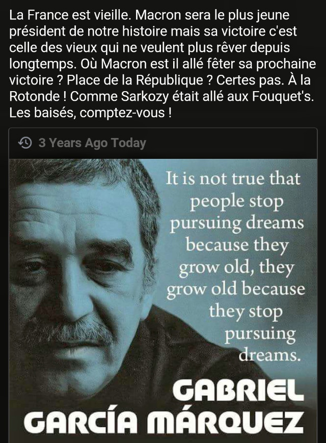 Il n'est pas vrai que les gens ne suivent plus leurs rêves parce qu'il deviennent vieux, ils deviennent vieux parce qu'ils ne suivent plus leurs rêves.