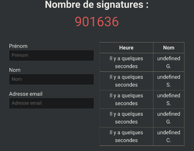 Vous noterez que les noms des signataires n'apparaissent pas. Nombre de signatures ce jour : 17/07/21 à 11H30