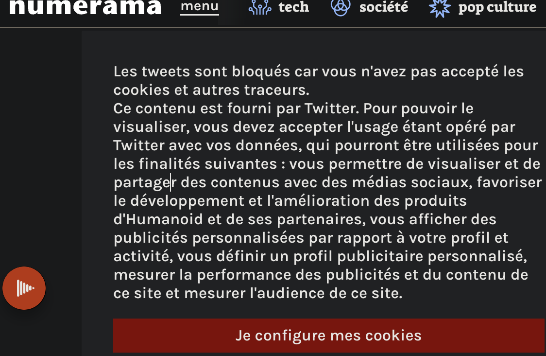 On a pris note de mon refus des cookies, mais on se réfugie derrière Twitter pour supprimer le twitt.