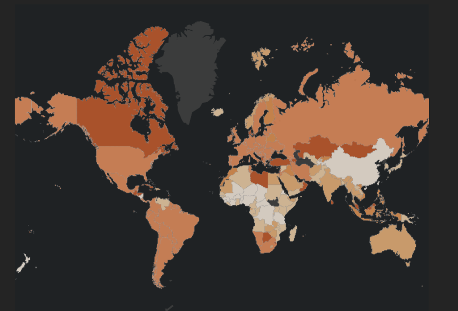 Covid-19 : mortalité par pays (plus c'est rouge, plus il y a de morts, pour 100 000 habitants)