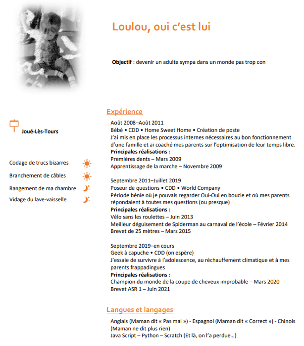 Une mère écrit le CV de son  fils