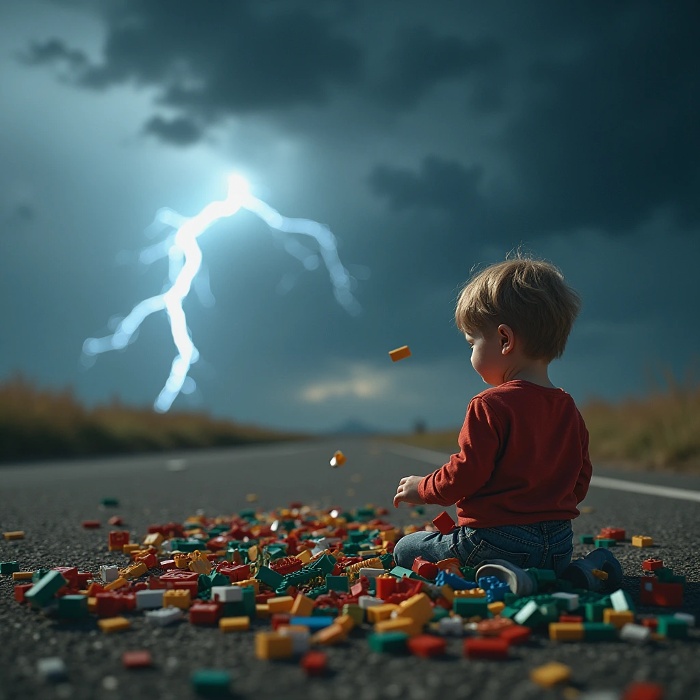 Un enfant capricieux, sur une  route déserte, casse ses jouets pendant qu'un énorme orage se prépare. Image Krea.ai