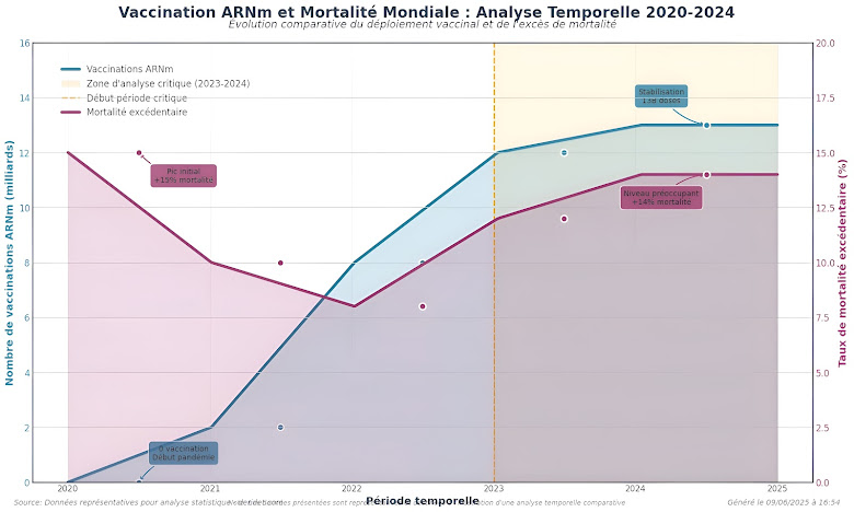 Vaccinations : en milliards et en bleu. Mortalité excédentaire : en pourcentage et en rouge. Source : Genspark.ai