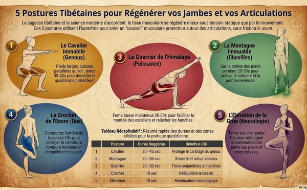 Cinq postures tibétaines pour réparer vos jambes sans efforts
